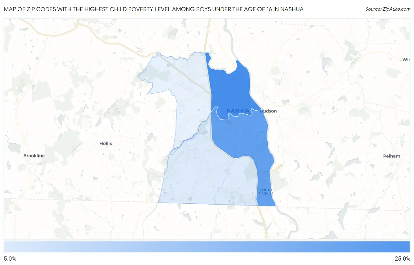 Zip Codes with the Highest Child Poverty Level Among Boys Under the Age of 16 in Nashua Map