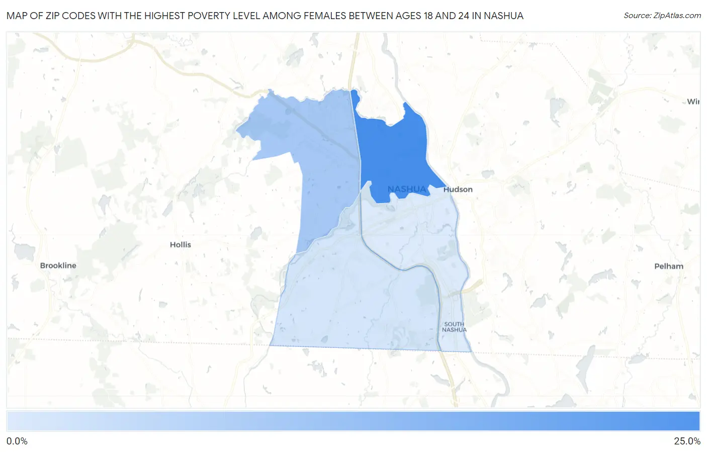 Zip Codes with the Highest Poverty Level Among Females Between Ages 18 and 24 in Nashua Map