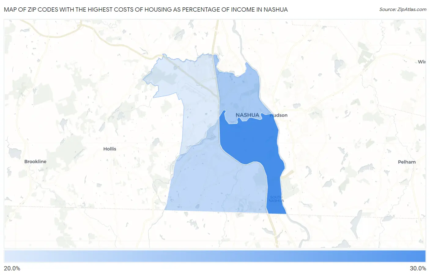 Zip Codes with the Highest Costs of Housing as Percentage of Income in Nashua Map