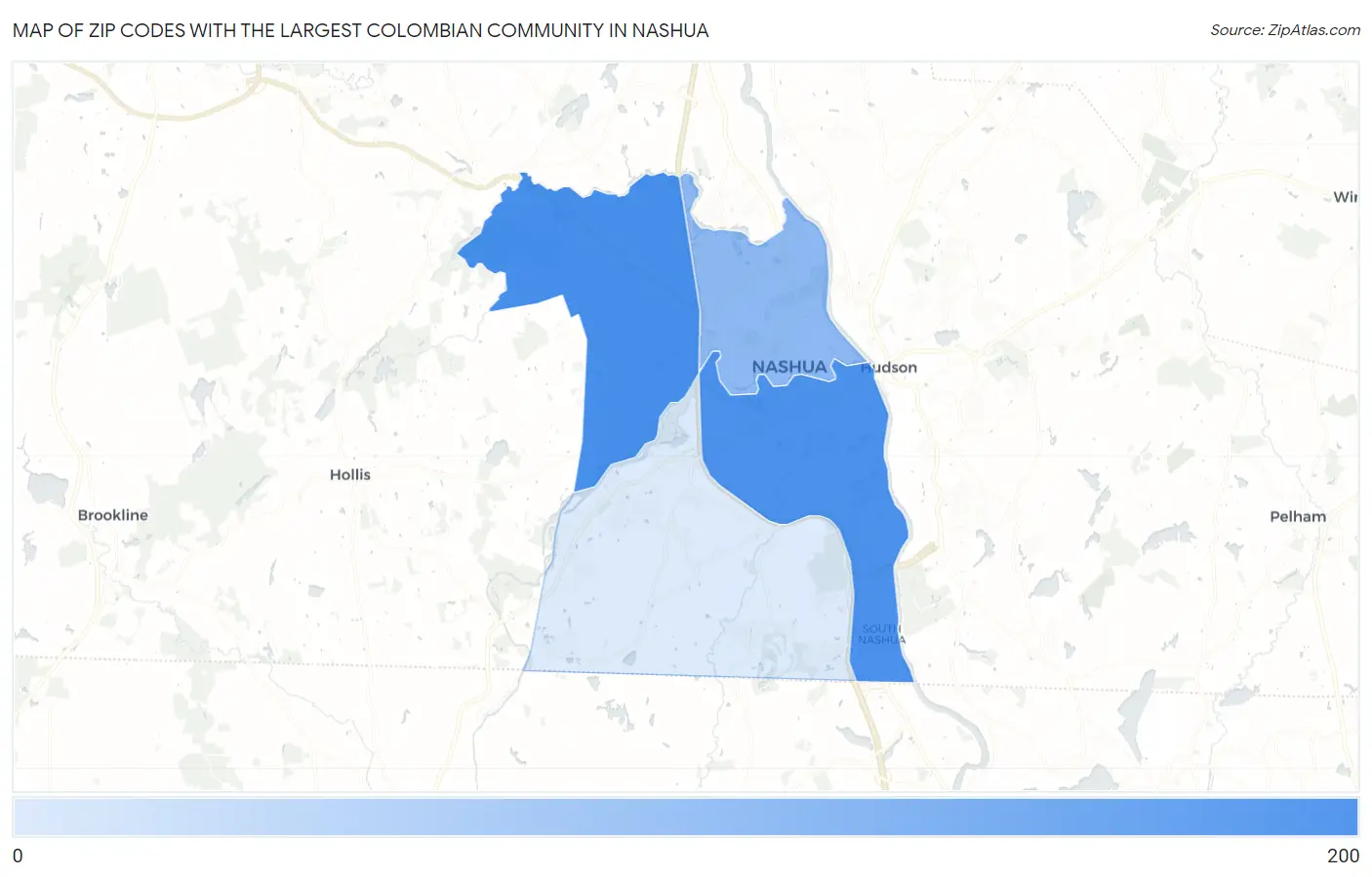Zip Codes with the Largest Colombian Community in Nashua Map
