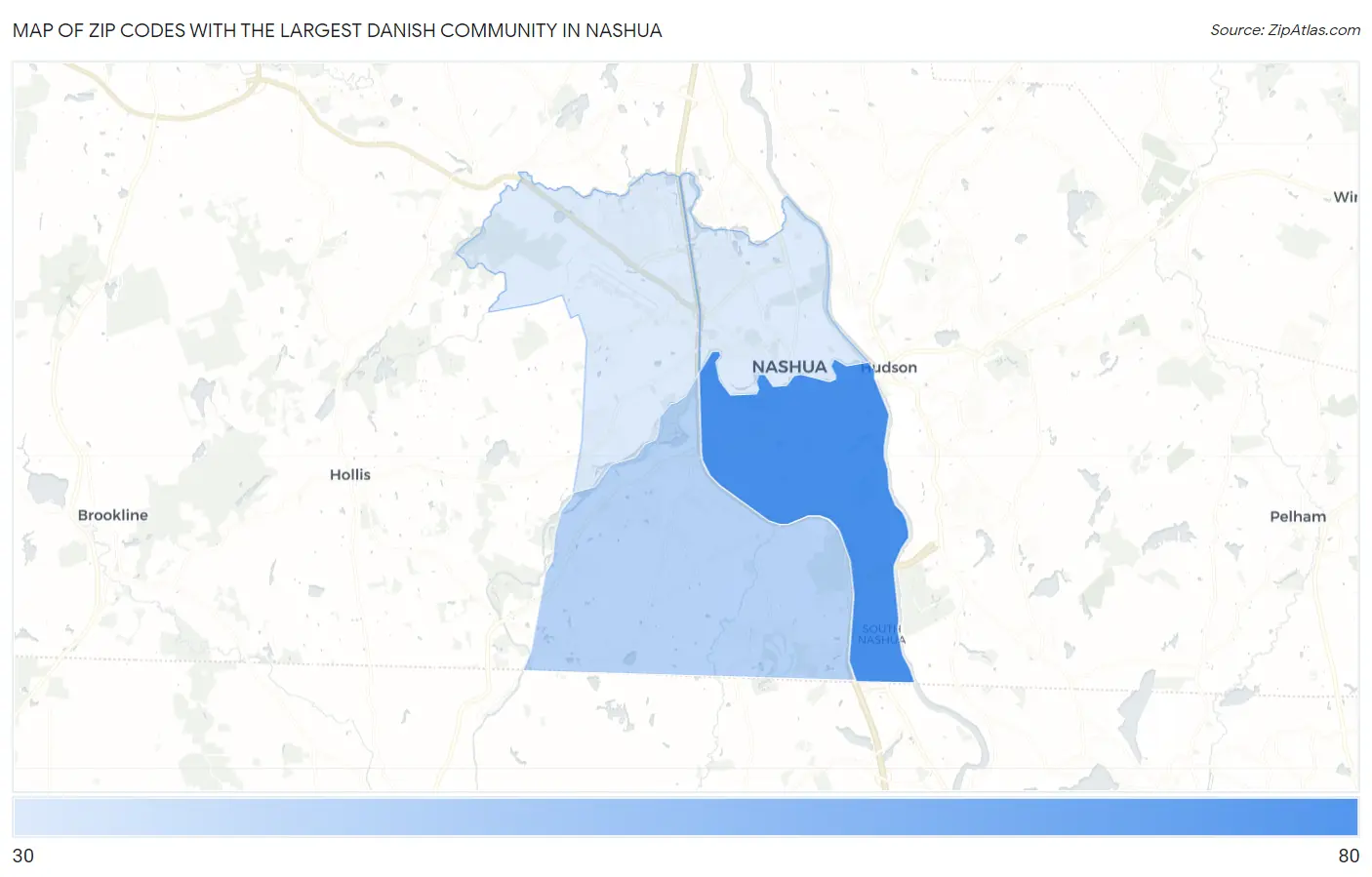 Zip Codes with the Largest Danish Community in Nashua Map
