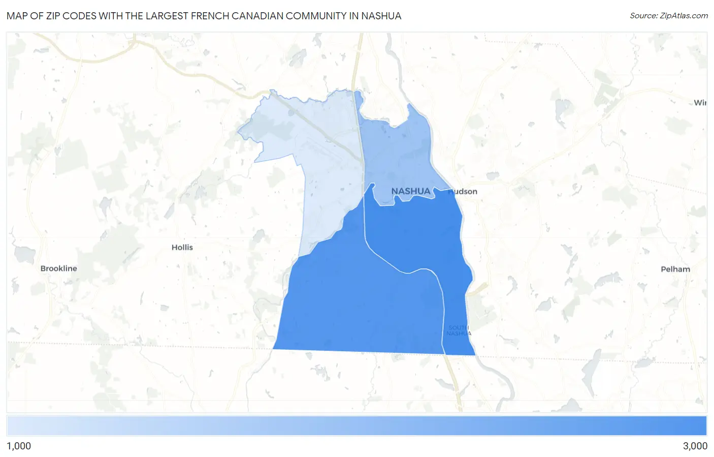 Zip Codes with the Largest French Canadian Community in Nashua Map