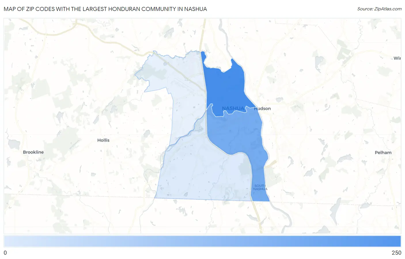 Zip Codes with the Largest Honduran Community in Nashua Map