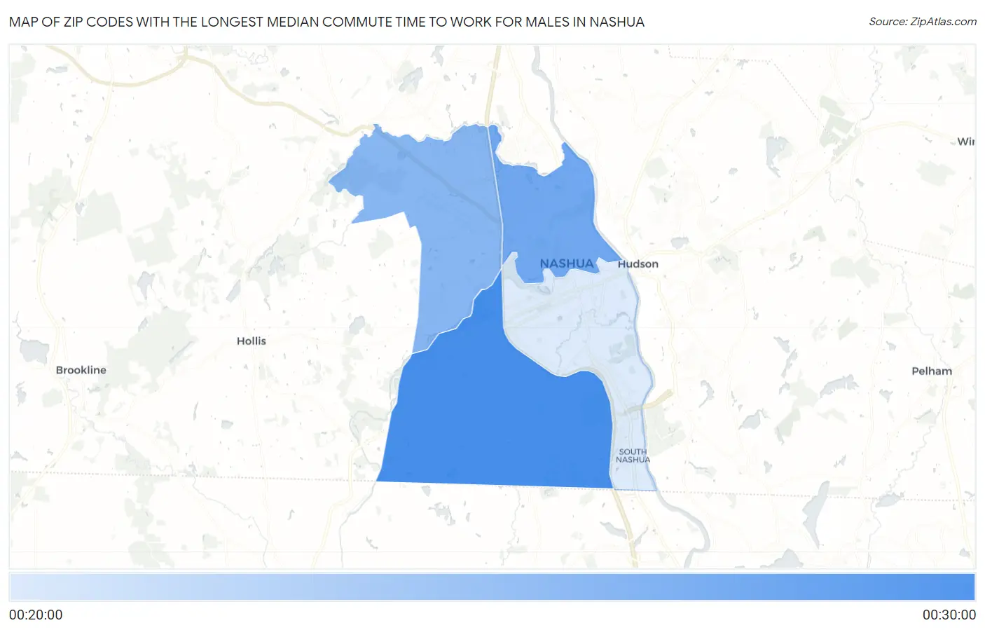 Zip Codes with the Longest Median Commute Time to Work for Males in Nashua Map