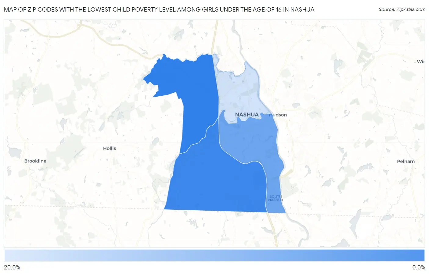 Zip Codes with the Lowest Child Poverty Level Among Girls Under the Age of 16 in Nashua Map