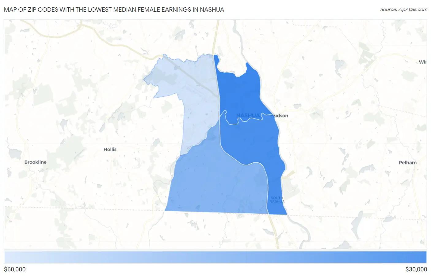 Zip Codes with the Lowest Median Female Earnings in Nashua Map