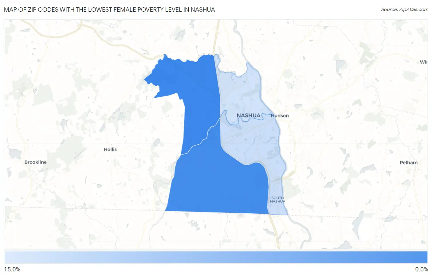 Zip Codes with the Lowest Female Poverty Level in Nashua Map