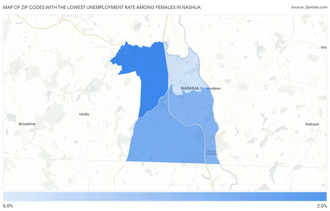 Zip Codes with the Lowest Unemployment Rate Among Females in Nashua Map