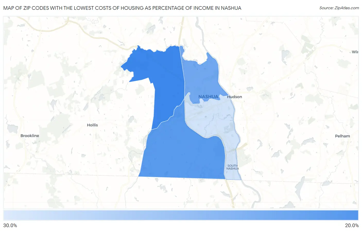 Zip Codes with the Lowest Costs of Housing as Percentage of Income in Nashua Map