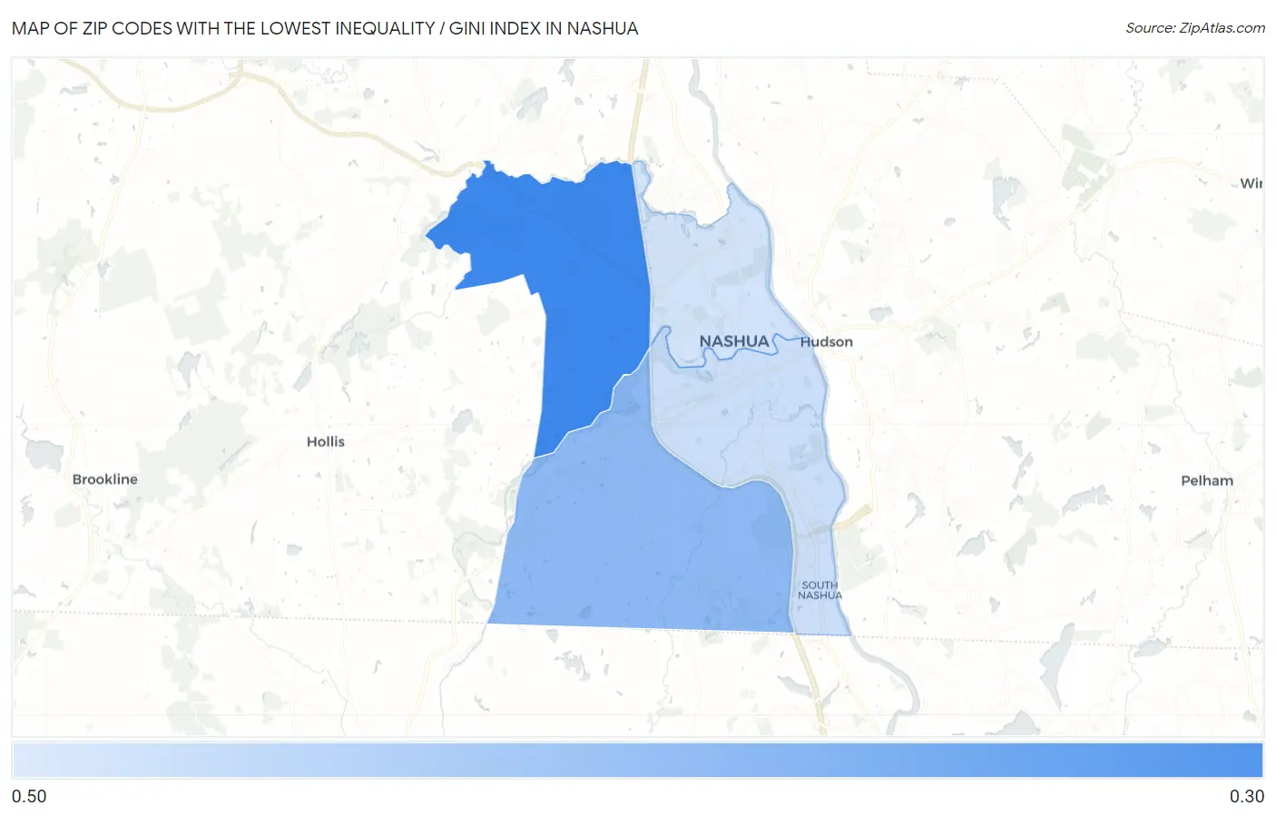 Zip Codes with the Lowest Inequality / Gini Index in Nashua Map