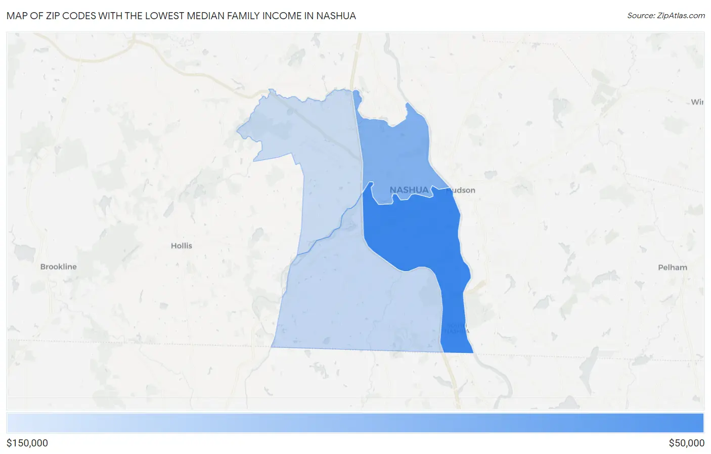 Zip Codes with the Lowest Median Family Income in Nashua Map