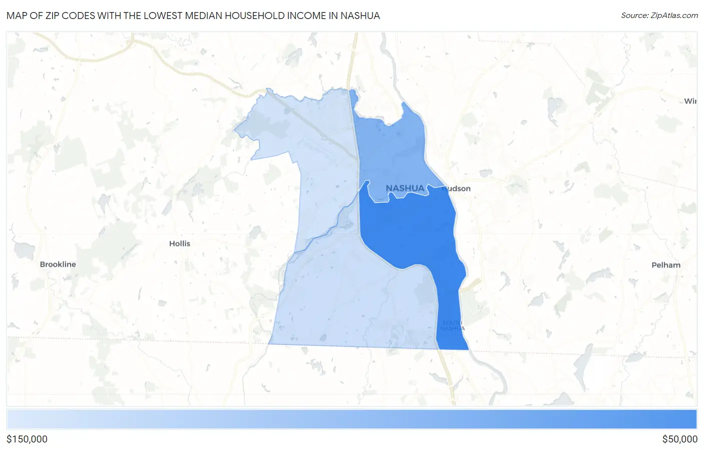 Zip Codes with the Lowest Median Household Income in Nashua Map