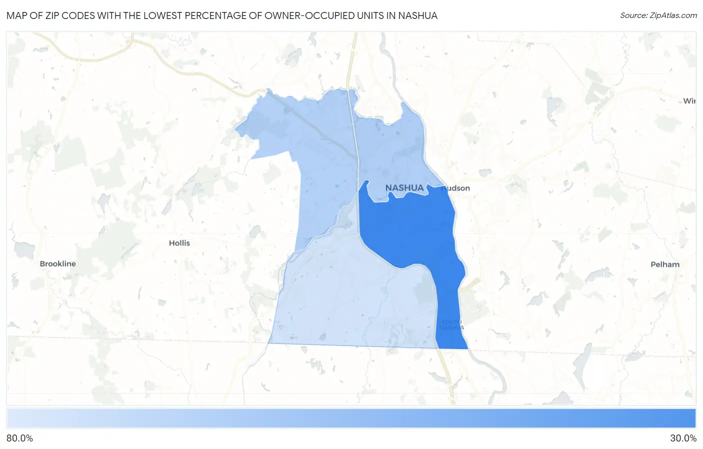 Zip Codes with the Lowest Percentage of Owner-Occupied Units in Nashua Map