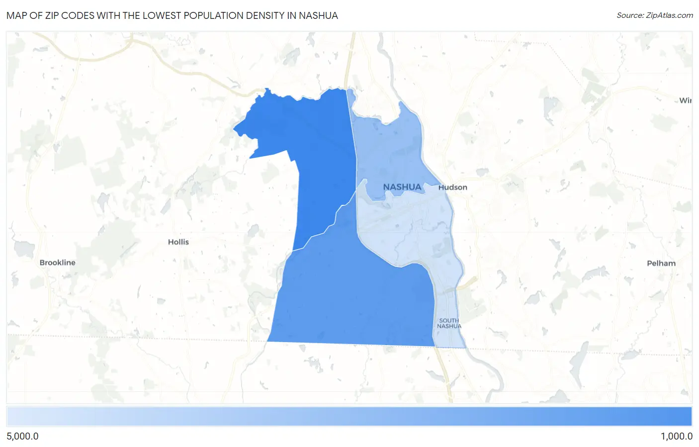 Zip Codes with the Lowest Population Density in Nashua Map