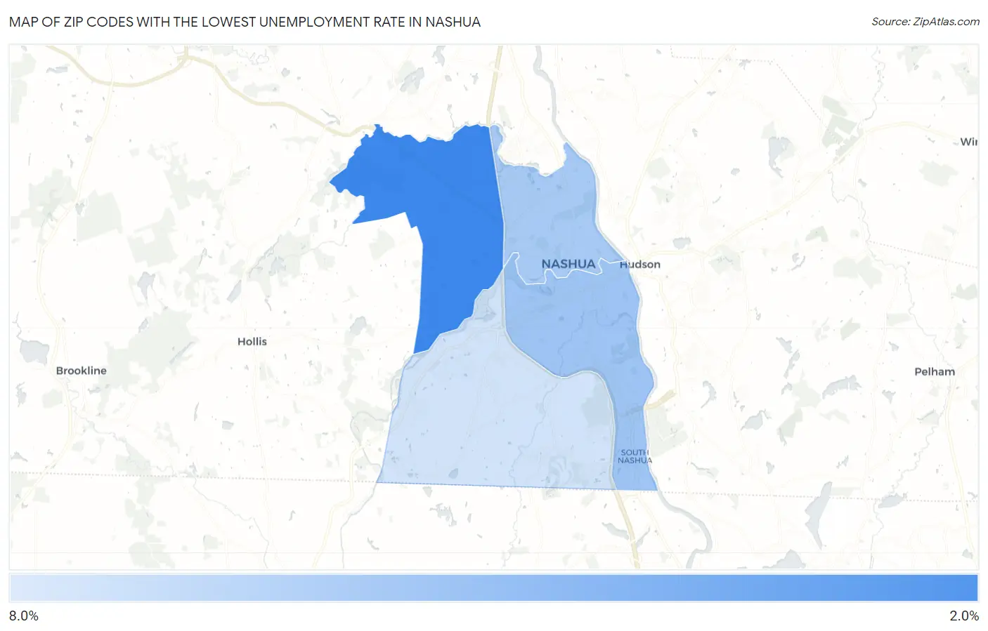 Zip Codes with the Lowest Unemployment Rate in Nashua Map