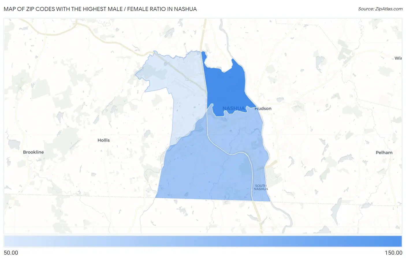 Zip Codes with the Highest Male / Female Ratio in Nashua Map