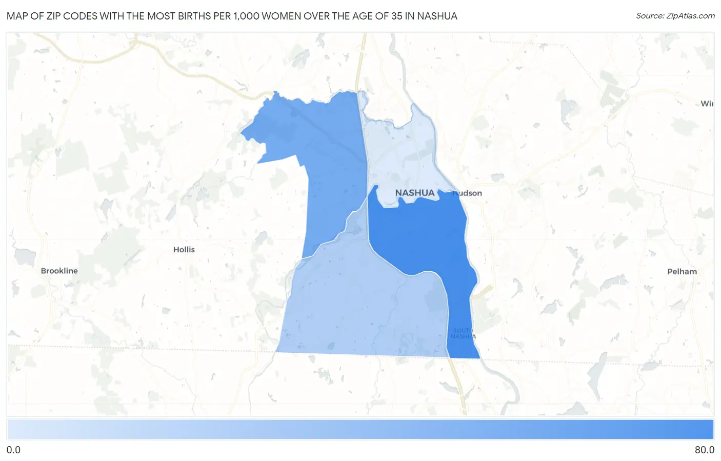Zip Codes with the Most Births per 1,000 Women Over the Age of 35 in Nashua Map