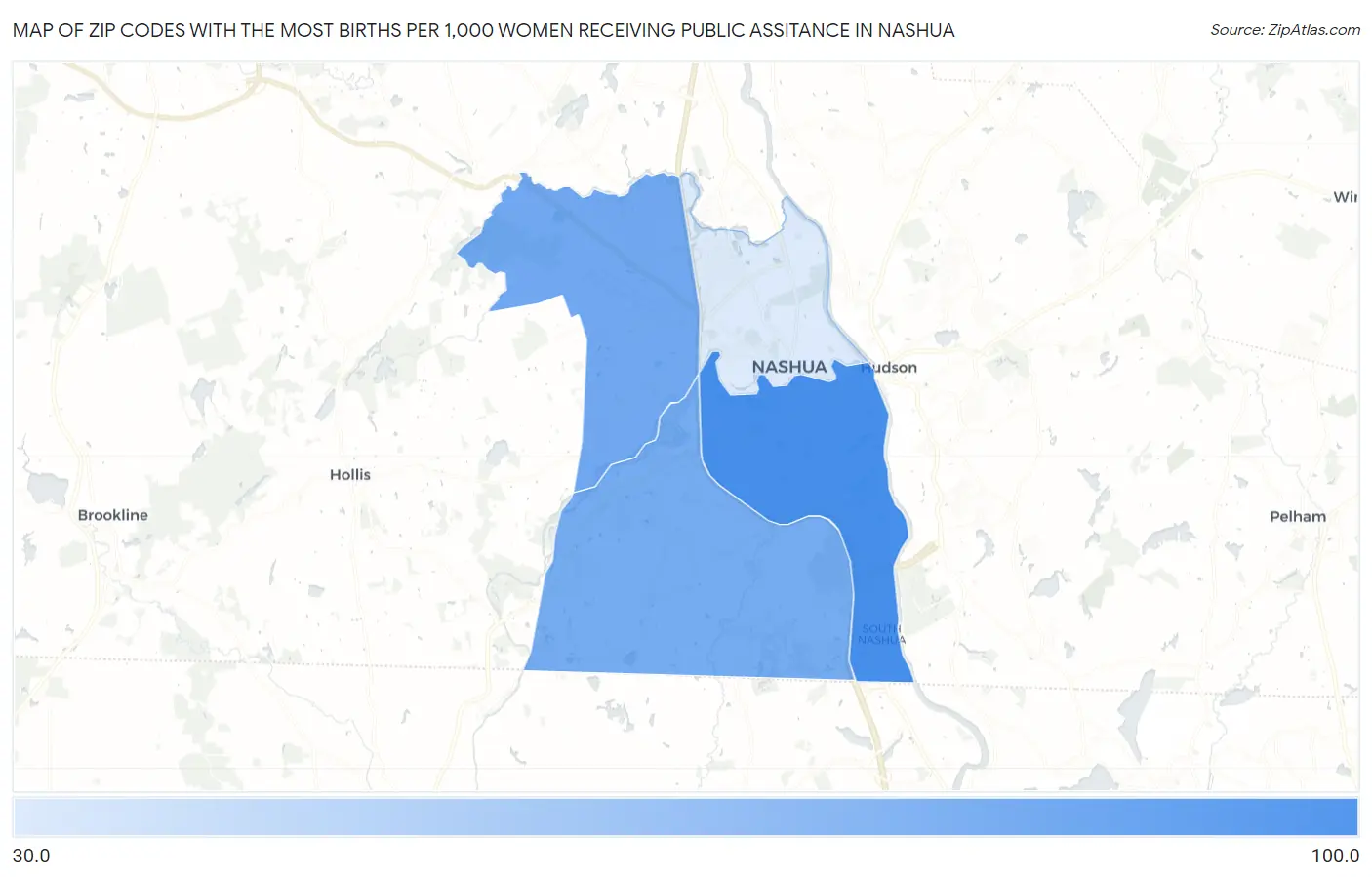 Zip Codes with the Most Births per 1,000 Women Receiving Public Assitance in Nashua Map