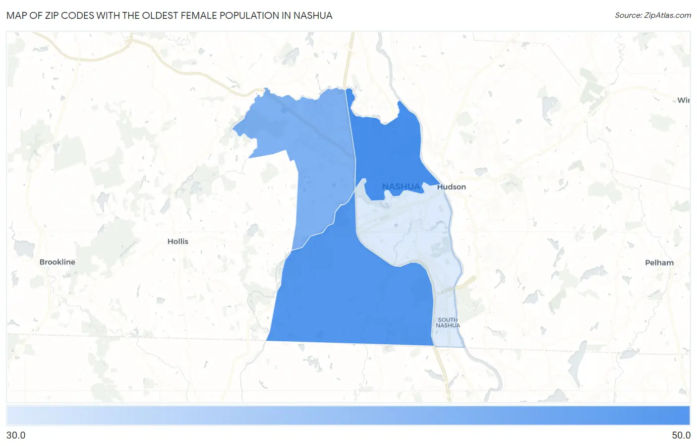 Zip Codes with the Oldest Female Population in Nashua Map