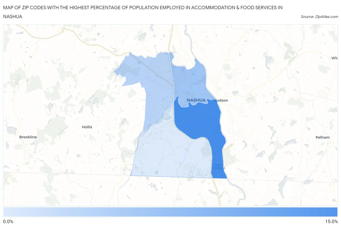 Zip Codes with the Highest Percentage of Population Employed in Accommodation & Food Services in Nashua Map