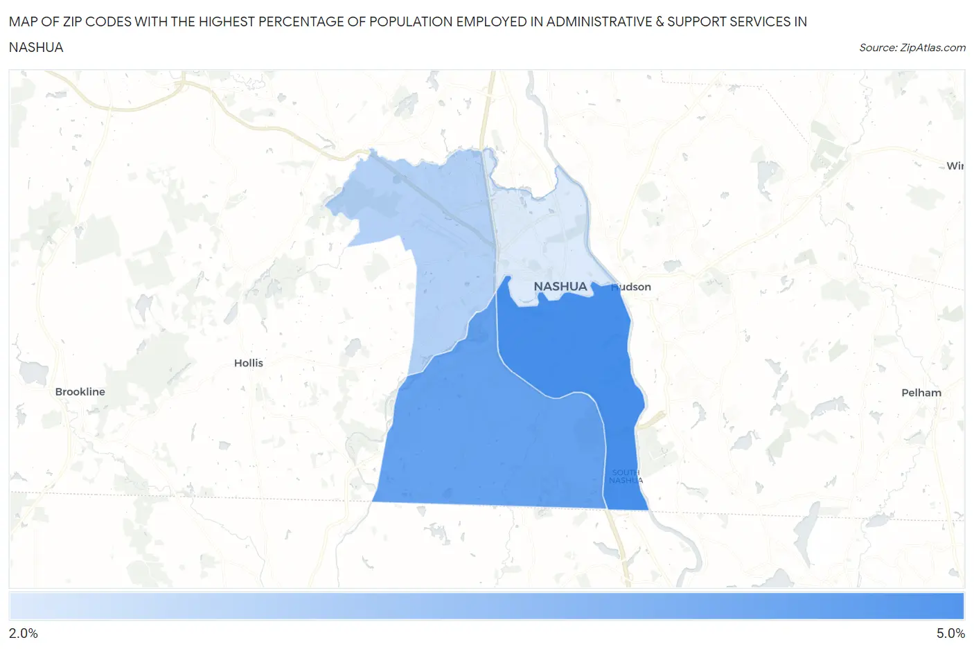 Zip Codes with the Highest Percentage of Population Employed in Administrative & Support Services in Nashua Map