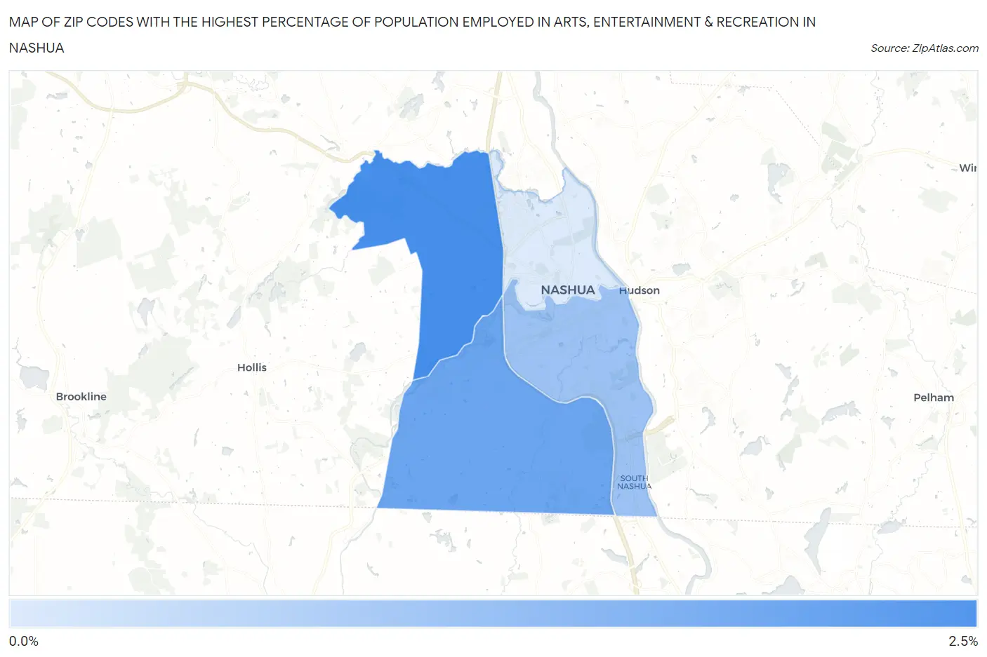 Zip Codes with the Highest Percentage of Population Employed in Arts, Entertainment & Recreation in Nashua Map