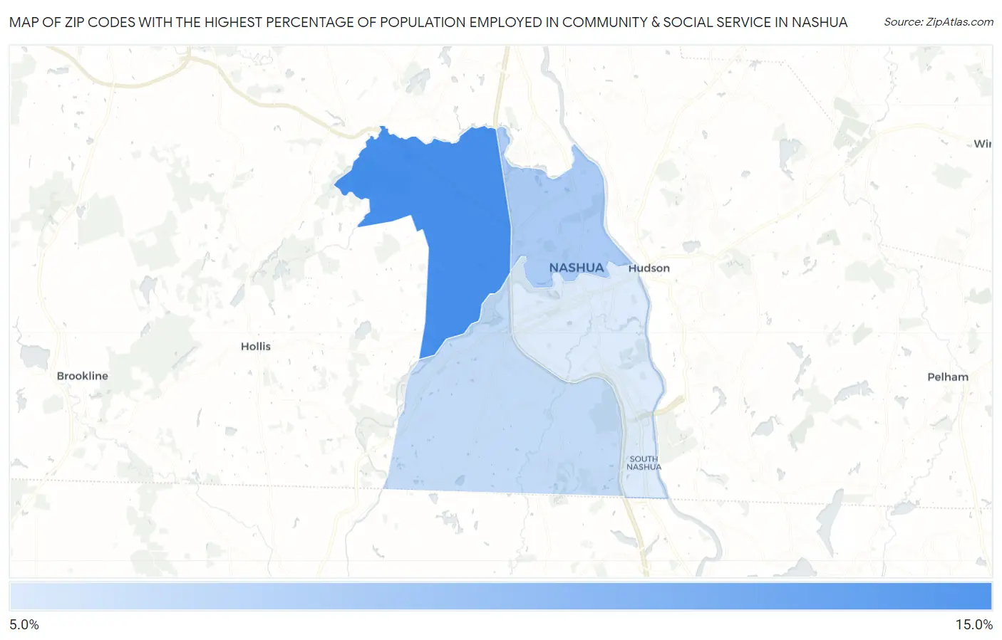 Zip Codes with the Highest Percentage of Population Employed in Community & Social Service  in Nashua Map