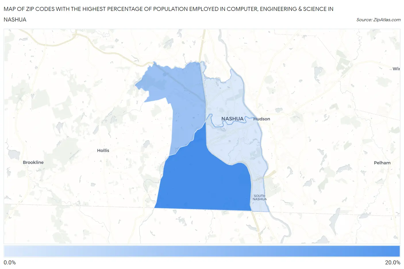 Zip Codes with the Highest Percentage of Population Employed in Computer, Engineering & Science in Nashua Map