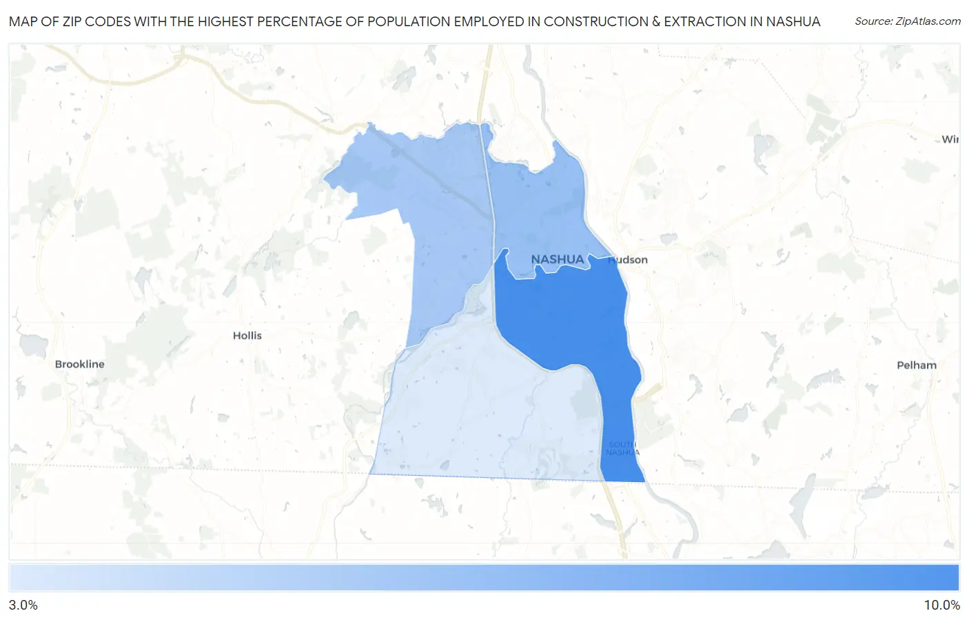 Zip Codes with the Highest Percentage of Population Employed in Construction & Extraction in Nashua Map