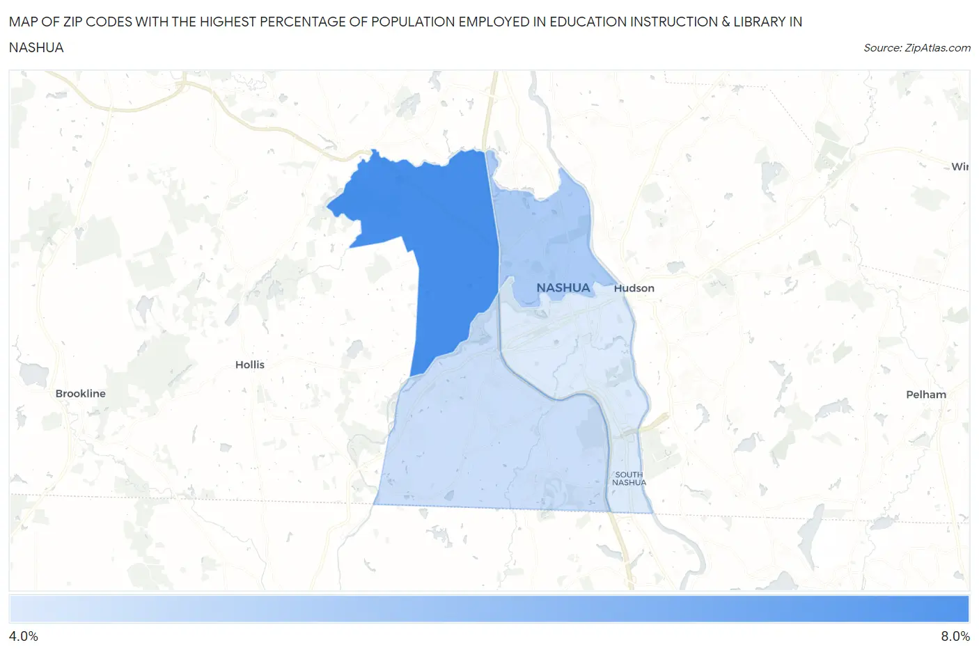 Zip Codes with the Highest Percentage of Population Employed in Education Instruction & Library in Nashua Map