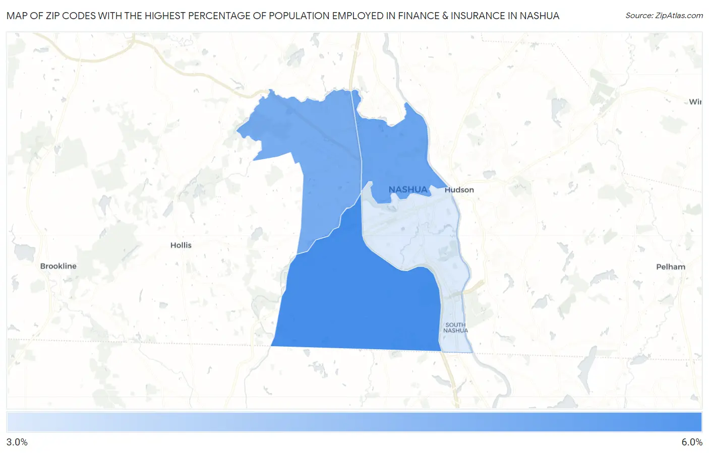 Zip Codes with the Highest Percentage of Population Employed in Finance & Insurance in Nashua Map