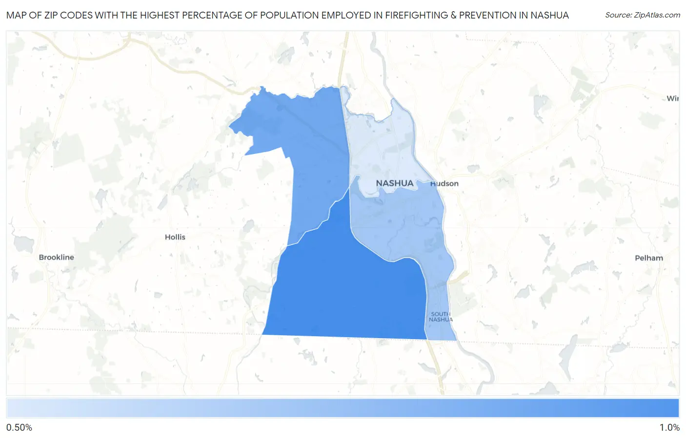 Zip Codes with the Highest Percentage of Population Employed in Firefighting & Prevention in Nashua Map