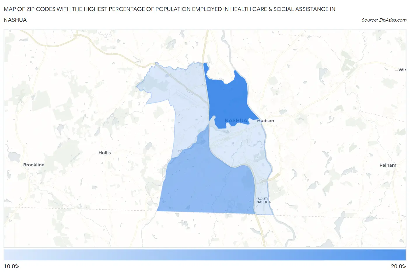 Zip Codes with the Highest Percentage of Population Employed in Health Care & Social Assistance in Nashua Map