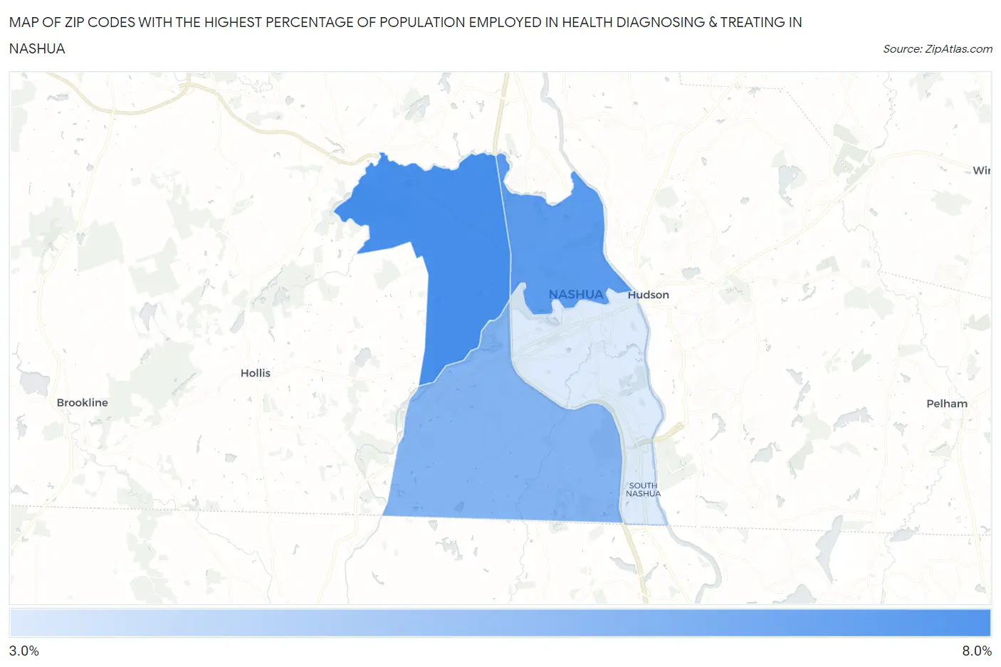 Zip Codes with the Highest Percentage of Population Employed in Health Diagnosing & Treating in Nashua Map