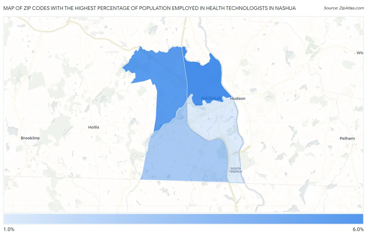 Zip Codes with the Highest Percentage of Population Employed in Health Technologists in Nashua Map