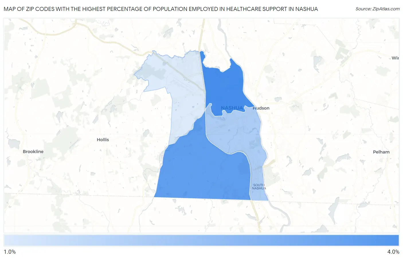 Zip Codes with the Highest Percentage of Population Employed in Healthcare Support in Nashua Map