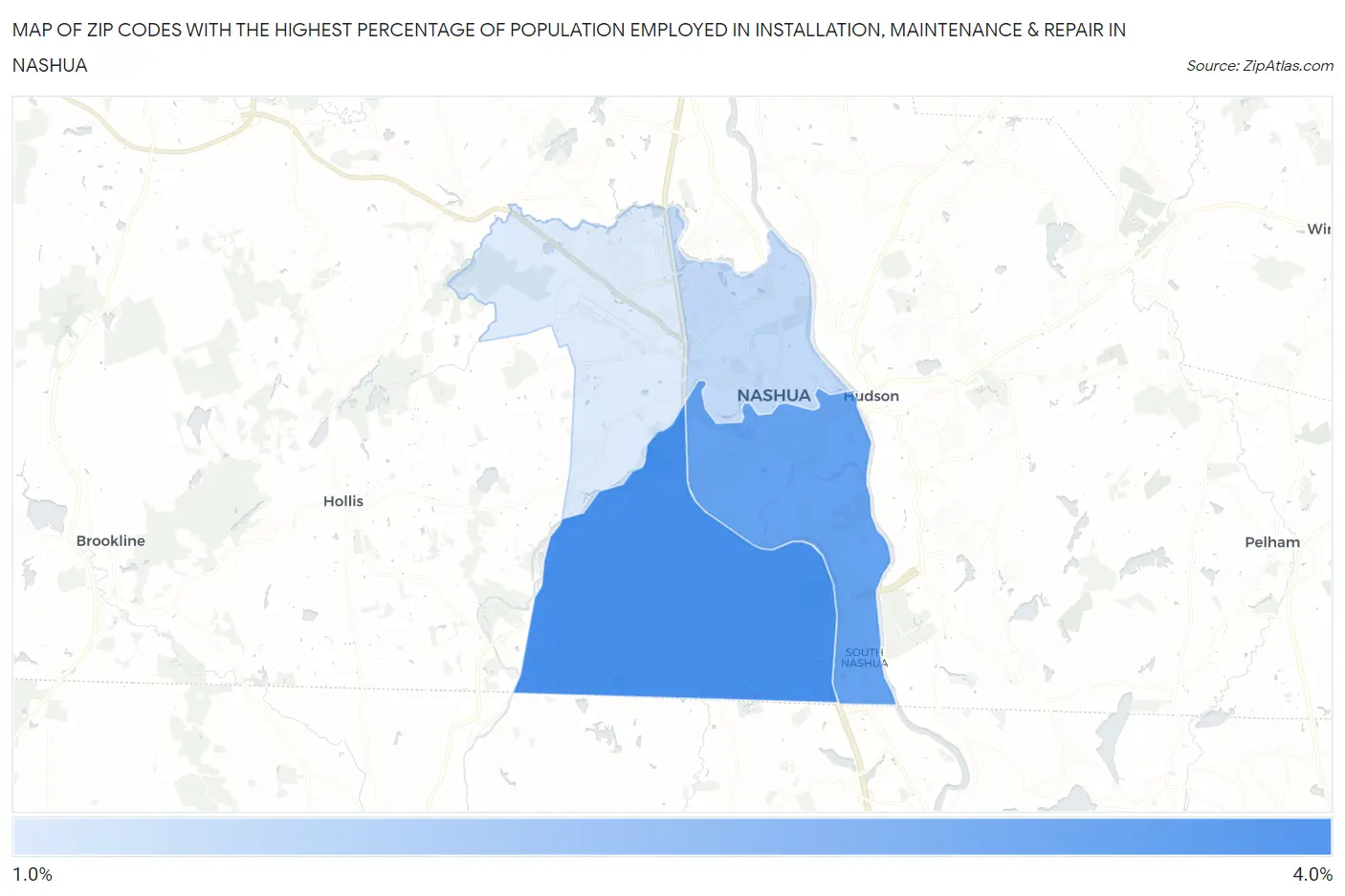 Zip Codes with the Highest Percentage of Population Employed in Installation, Maintenance & Repair in Nashua Map