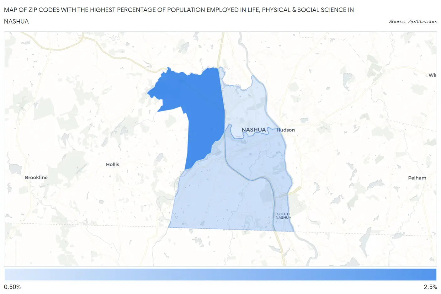 Zip Codes with the Highest Percentage of Population Employed in Life, Physical & Social Science in Nashua Map