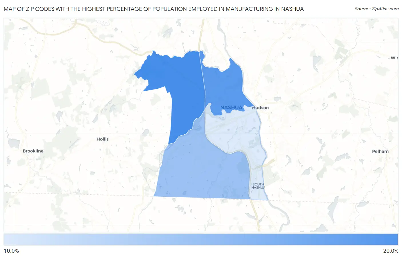 Zip Codes with the Highest Percentage of Population Employed in Manufacturing in Nashua Map