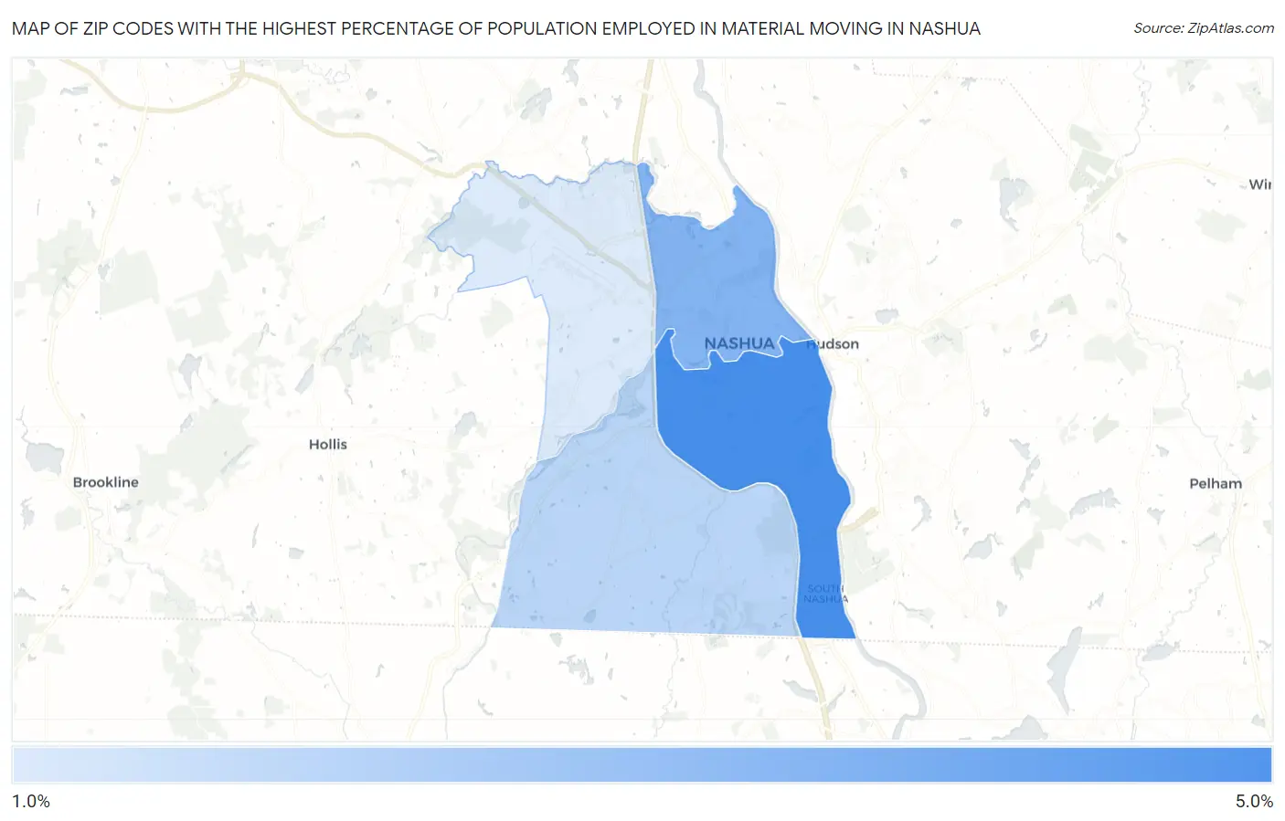 Zip Codes with the Highest Percentage of Population Employed in Material Moving in Nashua Map