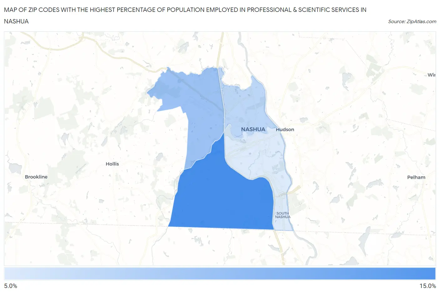 Zip Codes with the Highest Percentage of Population Employed in Professional & Scientific Services in Nashua Map