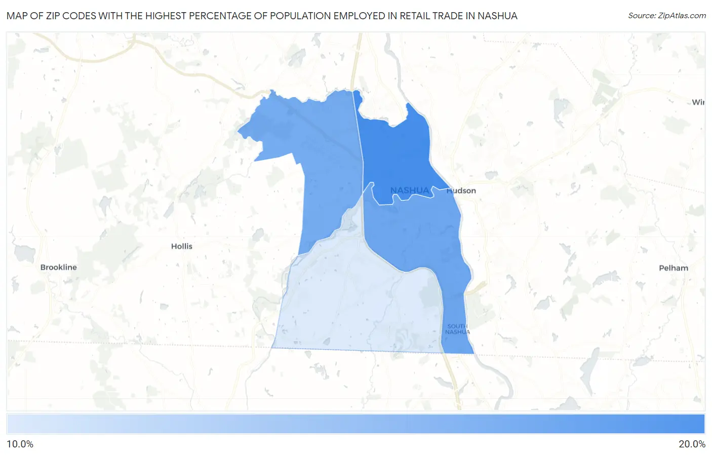 Zip Codes with the Highest Percentage of Population Employed in Retail Trade in Nashua Map