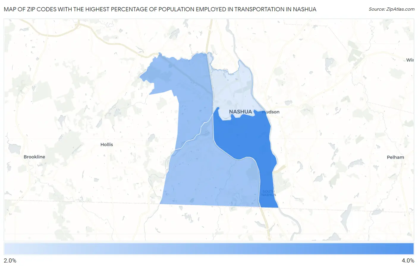 Zip Codes with the Highest Percentage of Population Employed in Transportation in Nashua Map