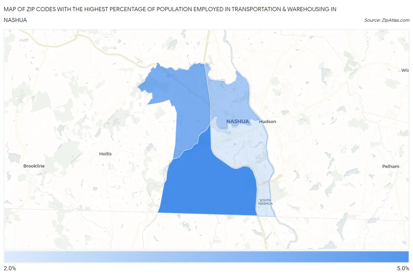 Zip Codes with the Highest Percentage of Population Employed in Transportation & Warehousing in Nashua Map