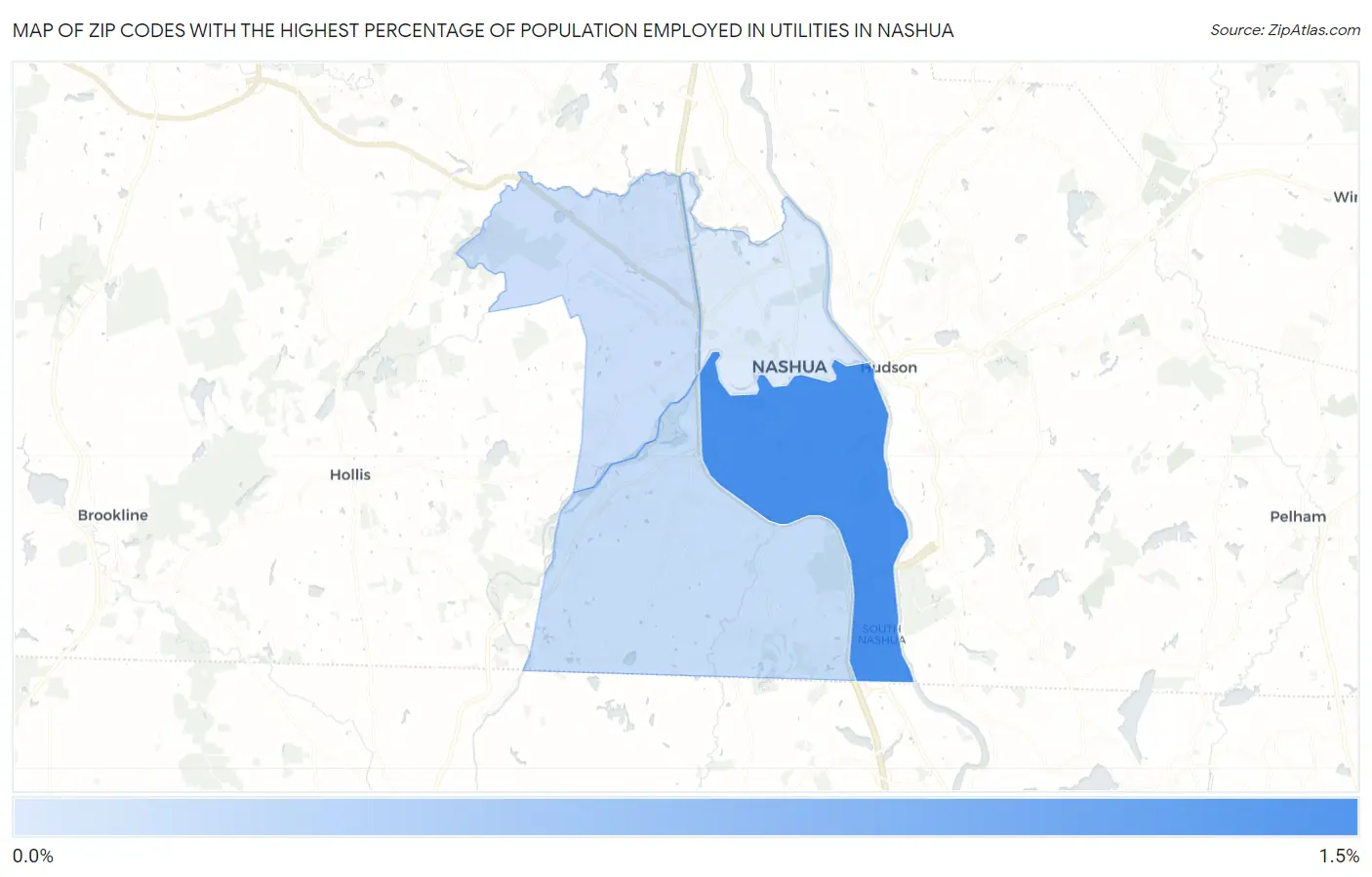 Zip Codes with the Highest Percentage of Population Employed in Utilities in Nashua Map