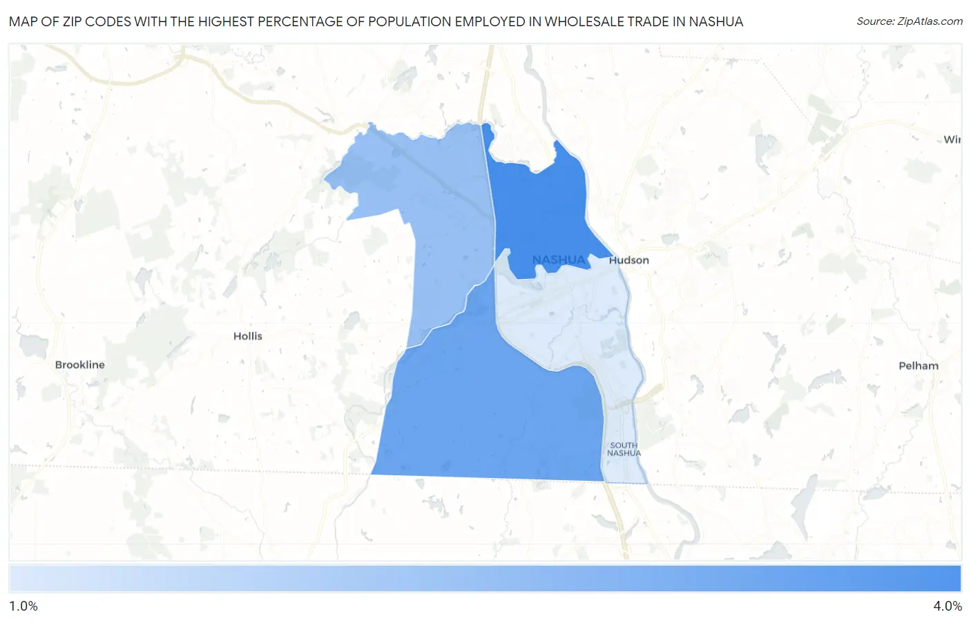 Zip Codes with the Highest Percentage of Population Employed in Wholesale Trade in Nashua Map