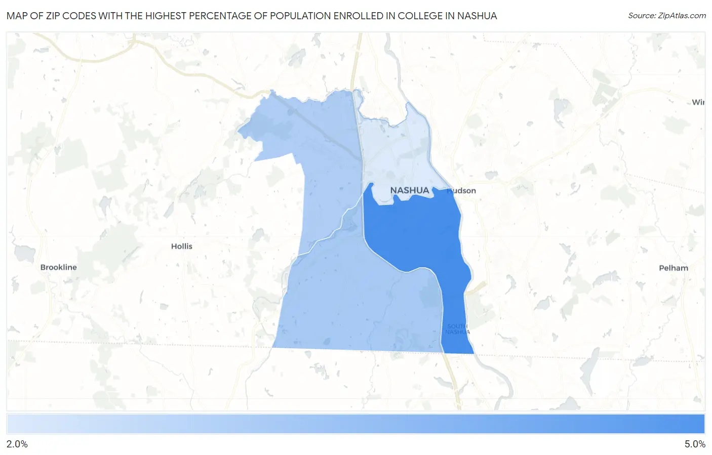 Zip Codes with the Highest Percentage of Population Enrolled in College in Nashua Map
