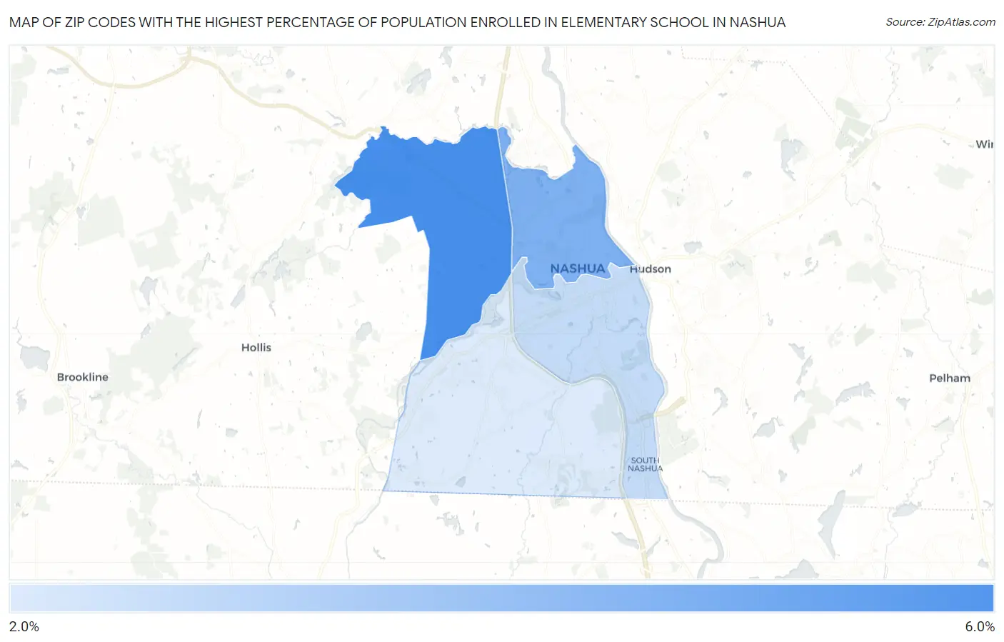 Zip Codes with the Highest Percentage of Population Enrolled in Elementary School in Nashua Map