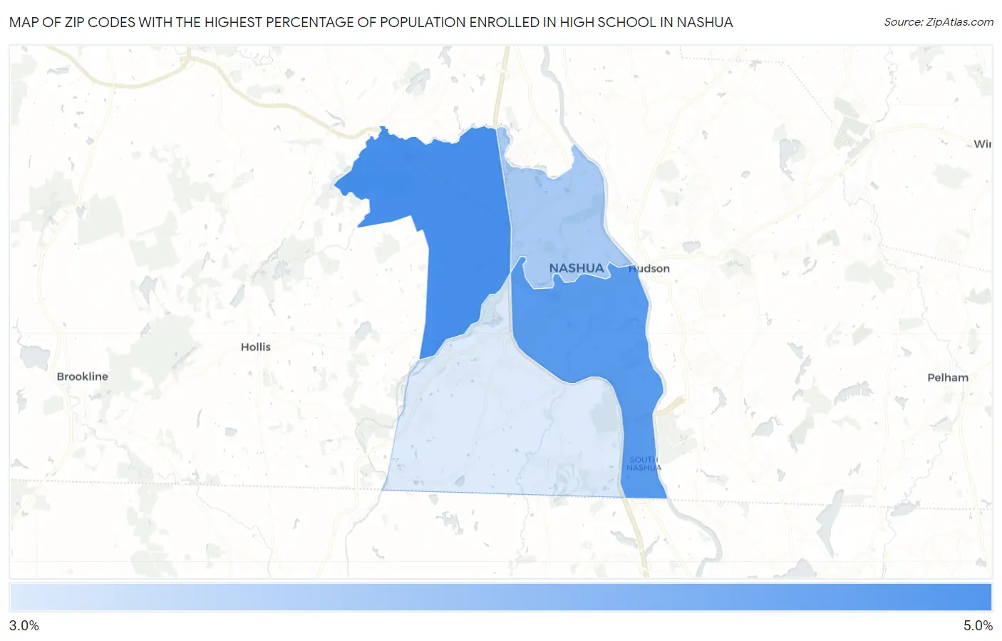 Zip Codes with the Highest Percentage of Population Enrolled in High School in Nashua Map