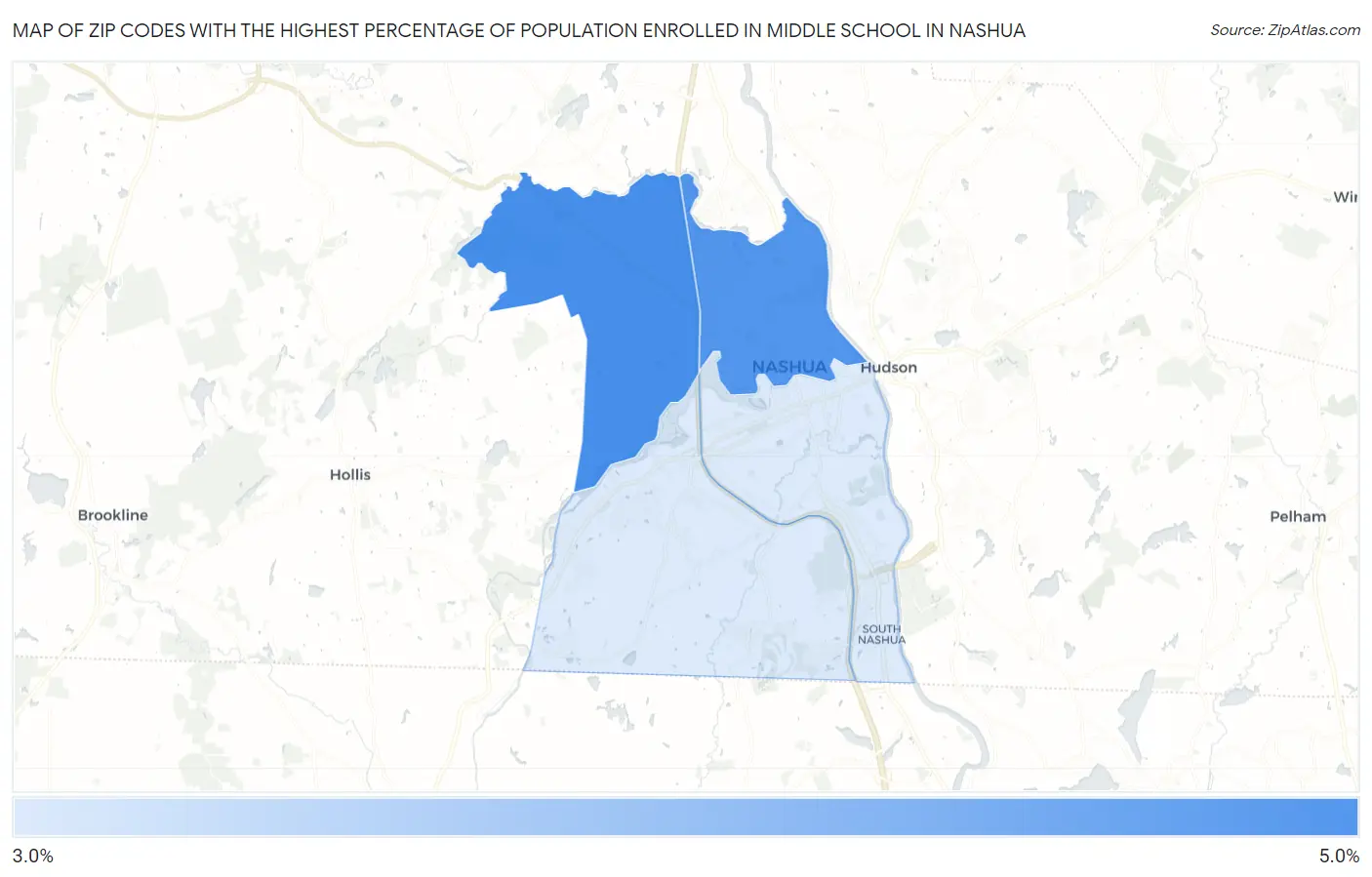 Zip Codes with the Highest Percentage of Population Enrolled in Middle School in Nashua Map